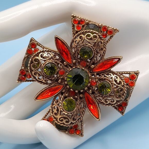 Vintage EMMONS Maltese CROSS Filigree Rhinestone Goldtone Brooch Pin Signed - Picture 2 of 10